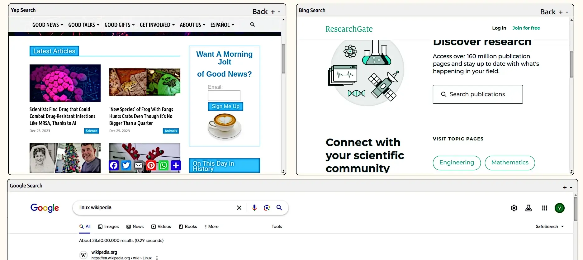 VAlphaSearch- Image shows multiple sites in same tab